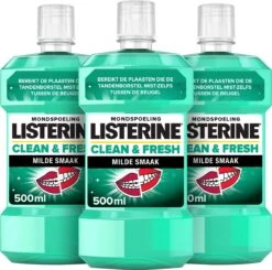 LISTERINE Clean & Fresh, Mondwater Met Essentiële Oliën En Fluoride, Zonder Alcohol, Bereikt De Plaatsen Die De Tandenborstel Mist – Zelfs Tussen De Beugel, 3 X 500 Ml -Verzorgingsproducten 1200x1190 4
