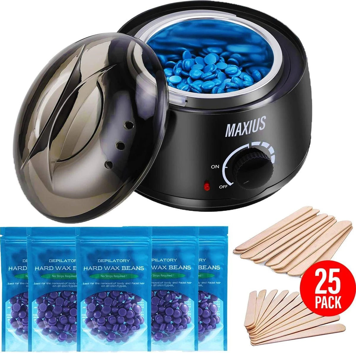 Maxius - Wax Ontharen - 500 Gr Wax Beans - 25 Spatels - Complete Set - Zwart 3 Maxius - Wax Ontharen - 500 Gr Wax Beans - 25 Spatels - Complete Set - Zwart