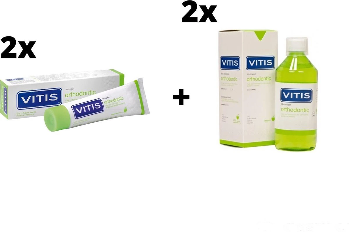 2x Vitis Orthodontic Mondspoelmiddel + 2x Vitis Orthodontic Tandpasta - Voordeelpakket 3 2x Vitis Orthodontic Mondspoelmiddel + 2x Vitis Orthodontic Tandpasta - Voordeelpakket