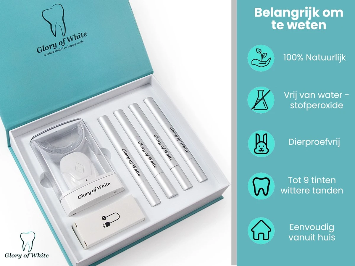 Tandenbleker Premium - Glory Of White - Professionele Tandenbleekset - Wittere Tanden - Tanden Bleken - Teeth Whitening - Zonder Peroxide 4 Tandenbleker Premium - Glory Of White - Professionele Tandenbleekset - Wittere Tanden - Tanden Bleken - Teeth Whitening - Zonder Peroxide - Afbeelding 2