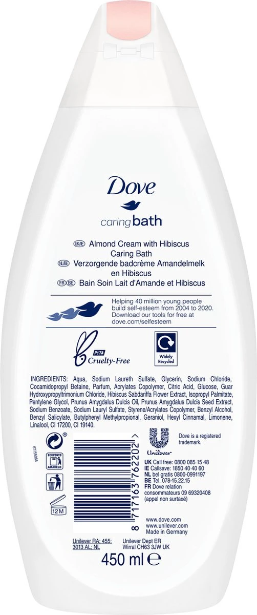 Dove Caring Bath Amandelmelk & Hibiscus Badcrème - 6 X 450 Ml - Voordeelverpakking 4 Dove Caring Bath Amandelmelk & Hibiscus Badcrème - 6 X 450 Ml - Voordeelverpakking - Afbeelding 2